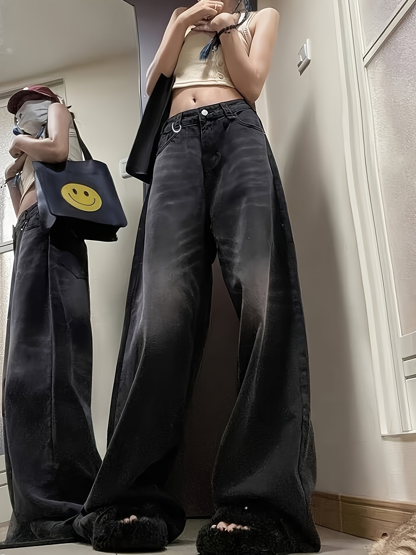 Ayollar uchun keng bo'yinli jinsilar, kundalik, qora, kulrang, yuqori bel, denim shimlar