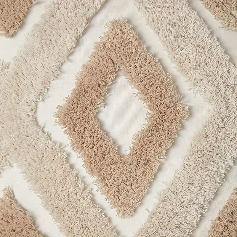 Beige Tufted Pillow Cover with Tassels and Geometric Pattern for Couch or Bed