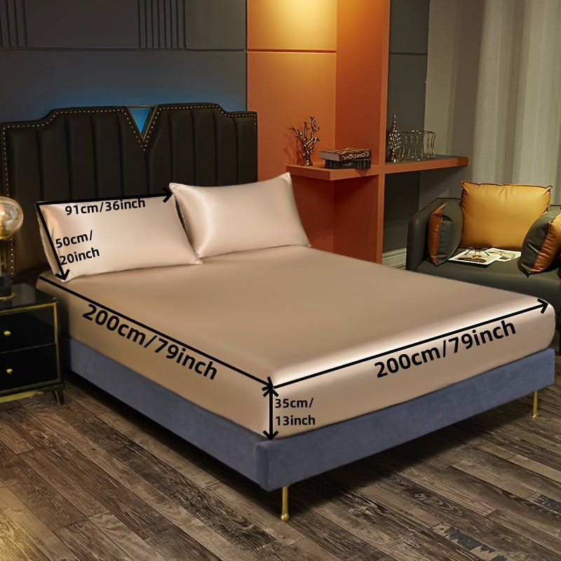 Satin Bedding Set 3 Pieces Fitted Sheet and Pillowcases Solid Color