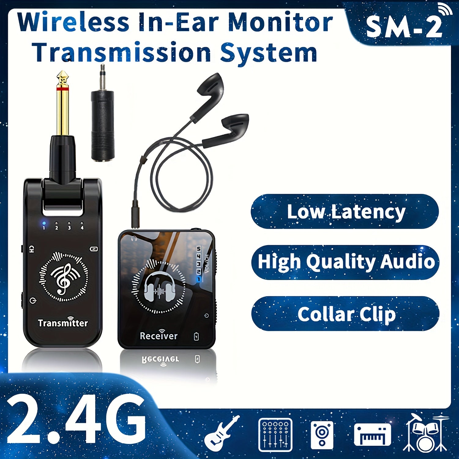 Sahna va guruh ishlatish uchun professional simsiz quloqchin tizimi, ABS materialidan tayyorlangan, yuqori aniqlikdagi audio, past kechikish va uzatkich va qabul qiluvchi uchun uzoq batareya umriga ega.