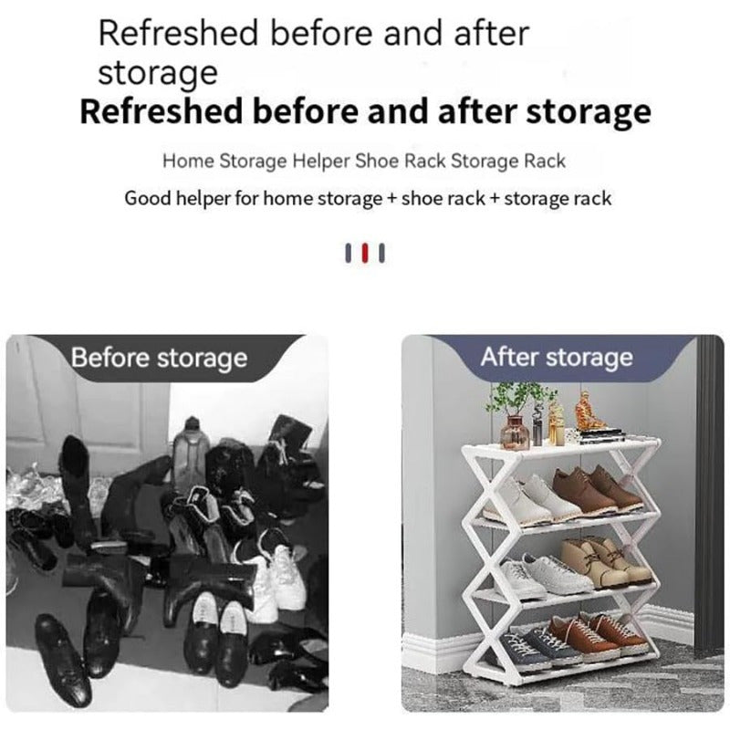 Black Plastic Shoe Rack Organizer 4 Tiers Foldable Space Saver for Closet Entryway Bedroom