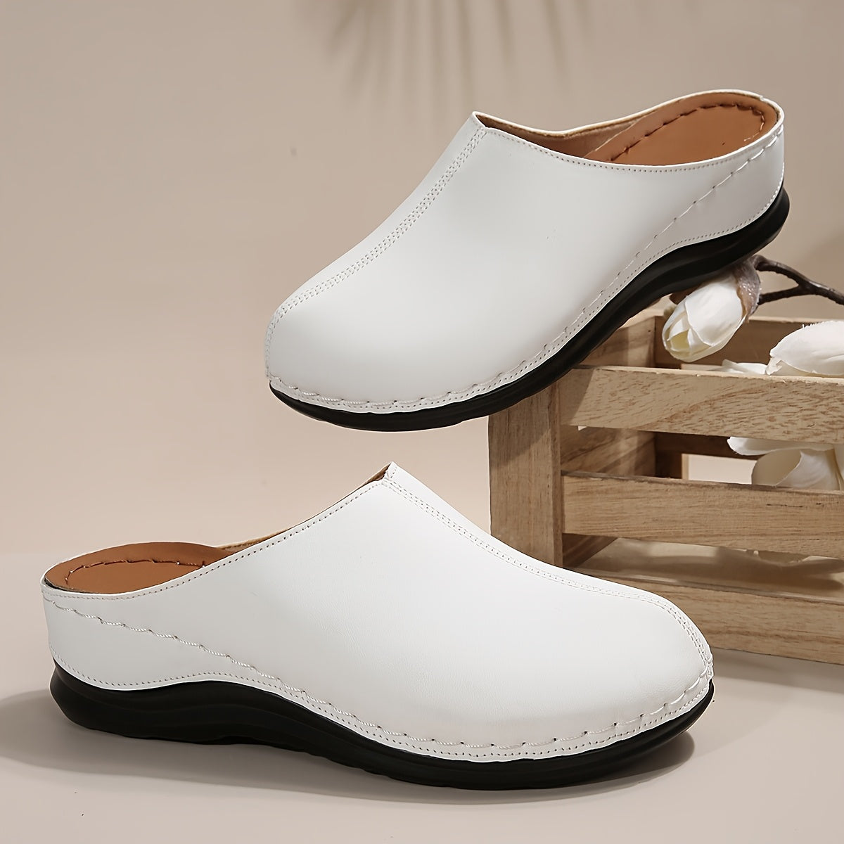 Women's Summer Slip-On Mules White Synthetic Rubber Sole Breathable Comfort