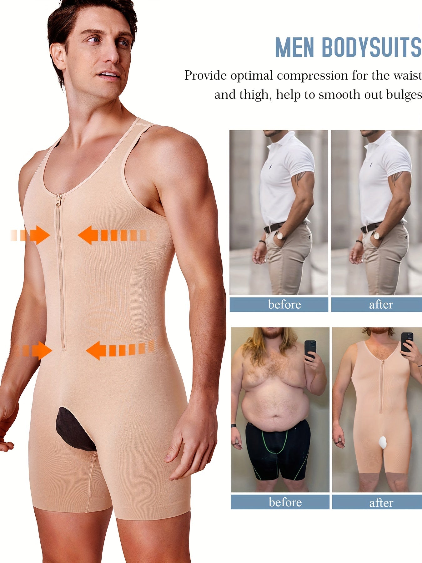 Body de control abdominal beige para hombre con cremallera, ajuste delgado, soporte de compresión
