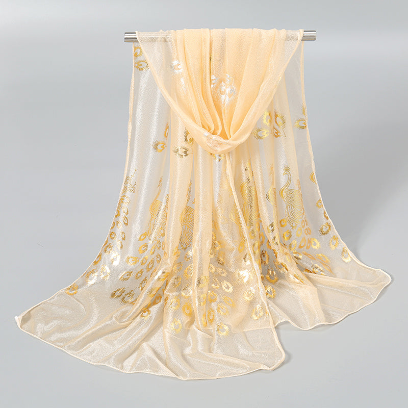 Women’s Peacock Print Lightweight Sun-Protective Polyester Scarf with Shimmering Foil