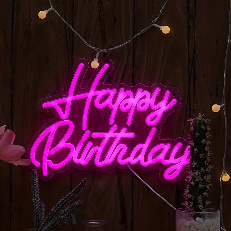 Neon Happy Birthday Sign Blue USB Wall Mountable Festive Room Decor
