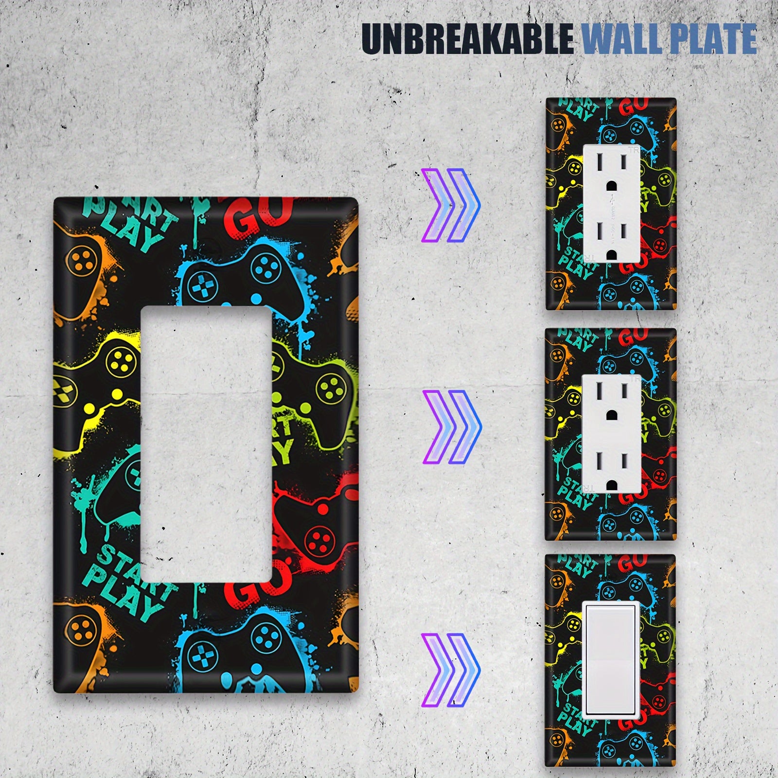 Colorful Gaming Light Switch Cover with "Go Play Start" Design for Teen Rooms and Game Spaces