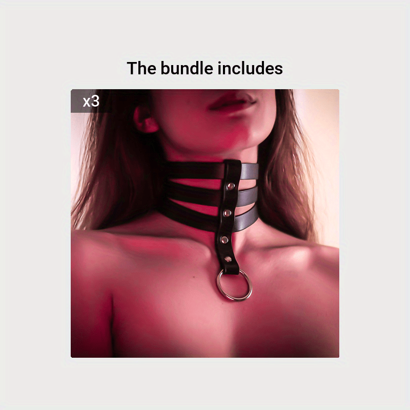 Women's Leather Punk Choker Necklace with Three Straps