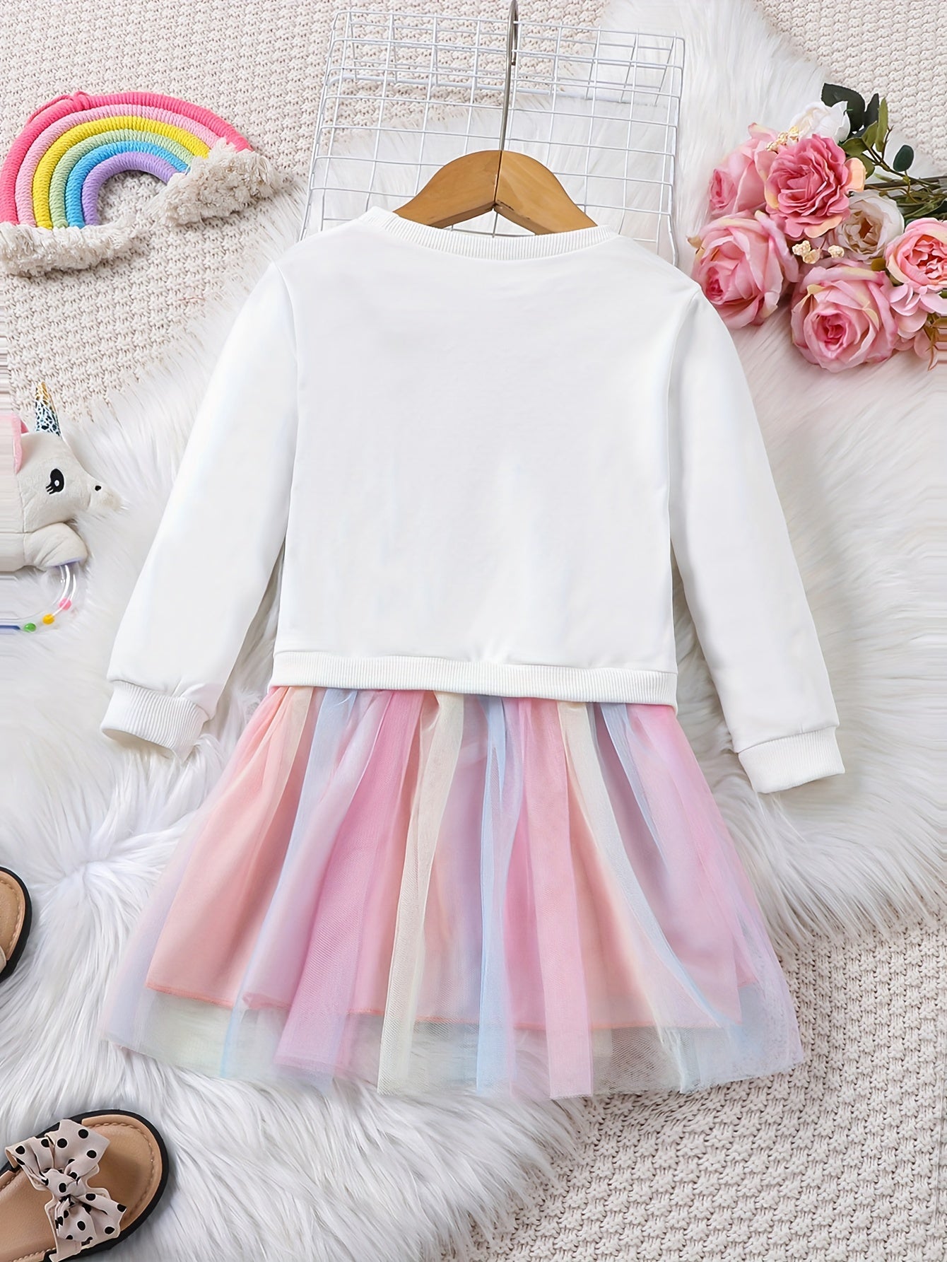 Girls Rainbow Tutu Dress with Unicorn Print Long Sleeve Midi Autumn Spring