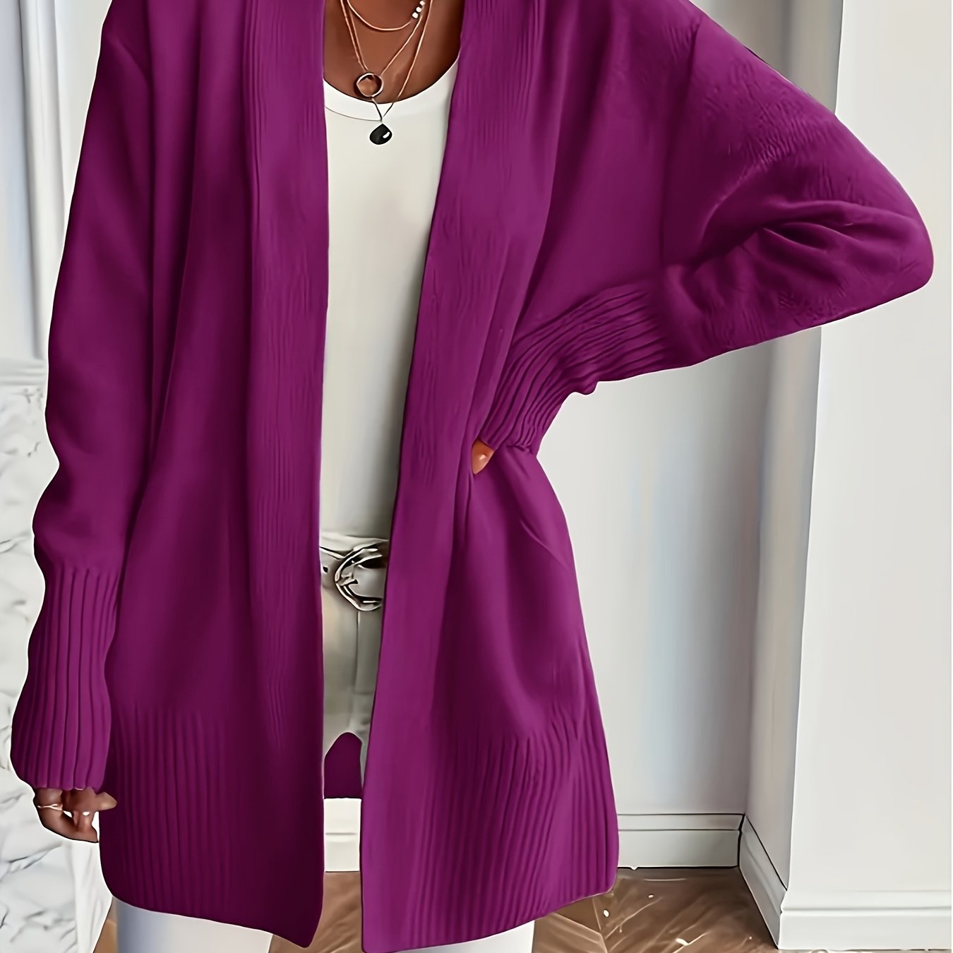 Women's Purple Knit Cardigan Open Front Sweater Long Sleeves