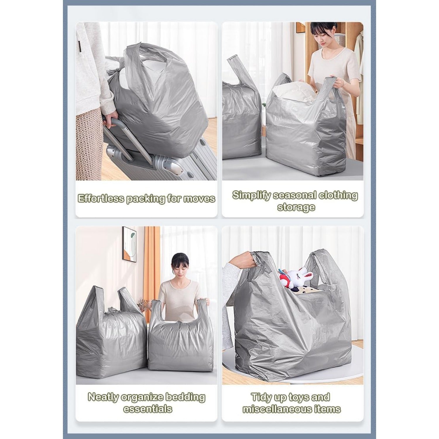 Paquete de 10 bolsas de plástico de uso pesado para almacenamiento, grandes, a prueba de humedad, con asas, para mudanzas y almacenamiento a largo plazo