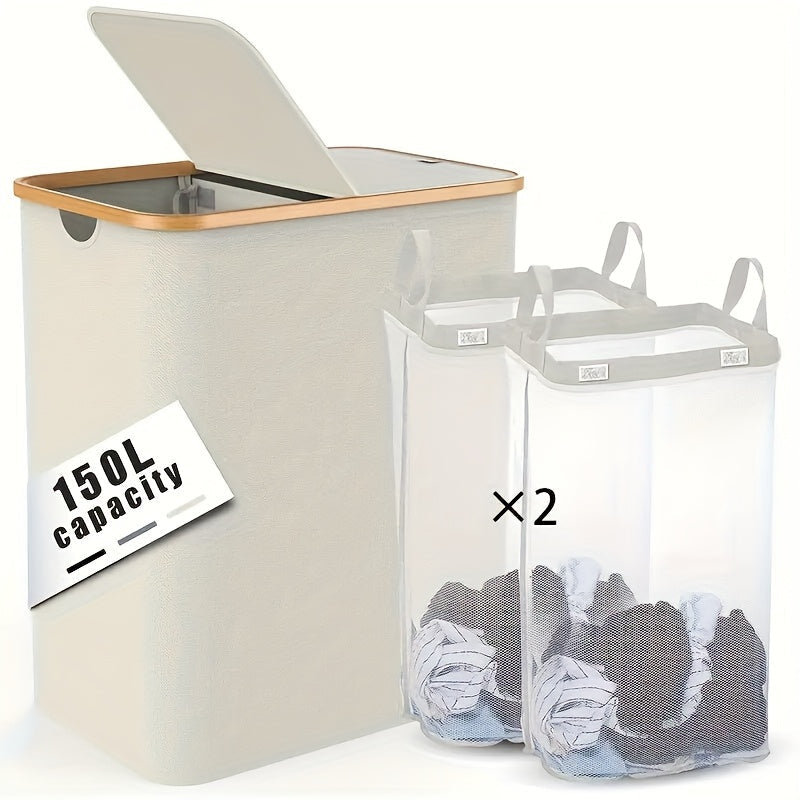 Large Capacity Double Layer Laundry Basket with Lid and Removable Washable Bags
