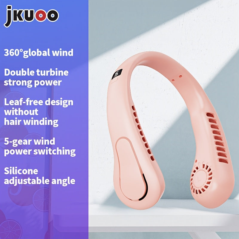 Portable Neck Fan with 5-Speed Strong Wind USB Rechargeable Lithium Battery Adjustable Silicone Strap Outdoor Travel Sports
