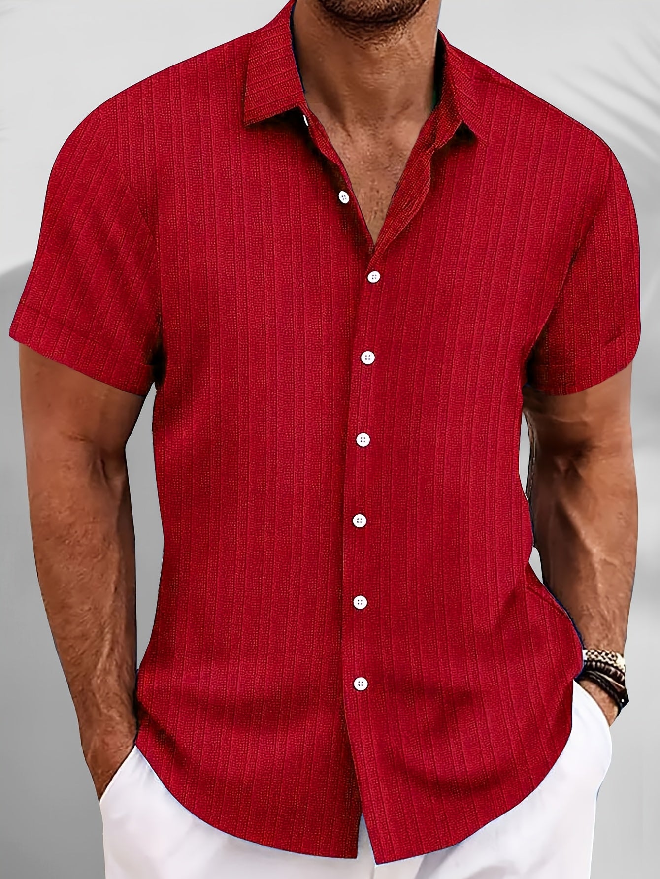 Men's Plus Size Blue Button-Up Shirt Casual Summer Lightweight Polyester Ribbed Texture