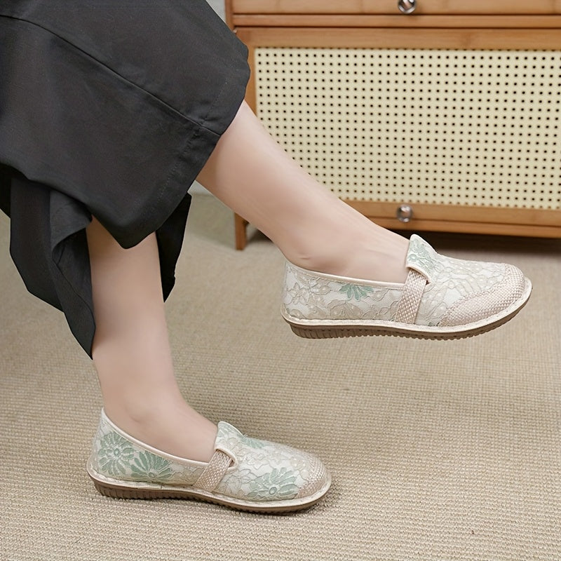 Women's Breathable Canvas Low-Top Shoes with Floral Pattern, Soft Non-Slip Sole