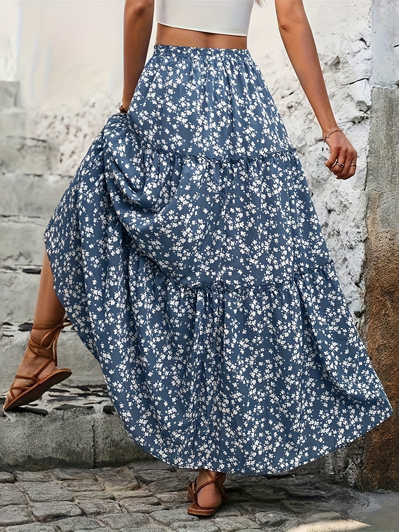 Plus Size Women's Summer Floral Maxi Skirt Light Blue White Daisy Tiered Beach Casual