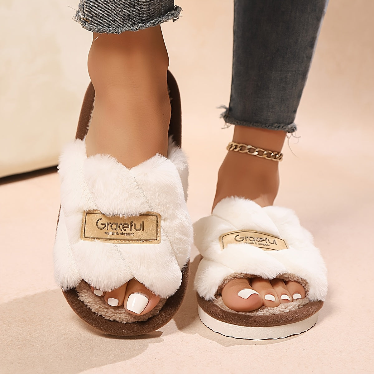 Women's Fluffy Faux Fur Open-Toe House Slippers Soft PVC Sole Indoor Footwear
