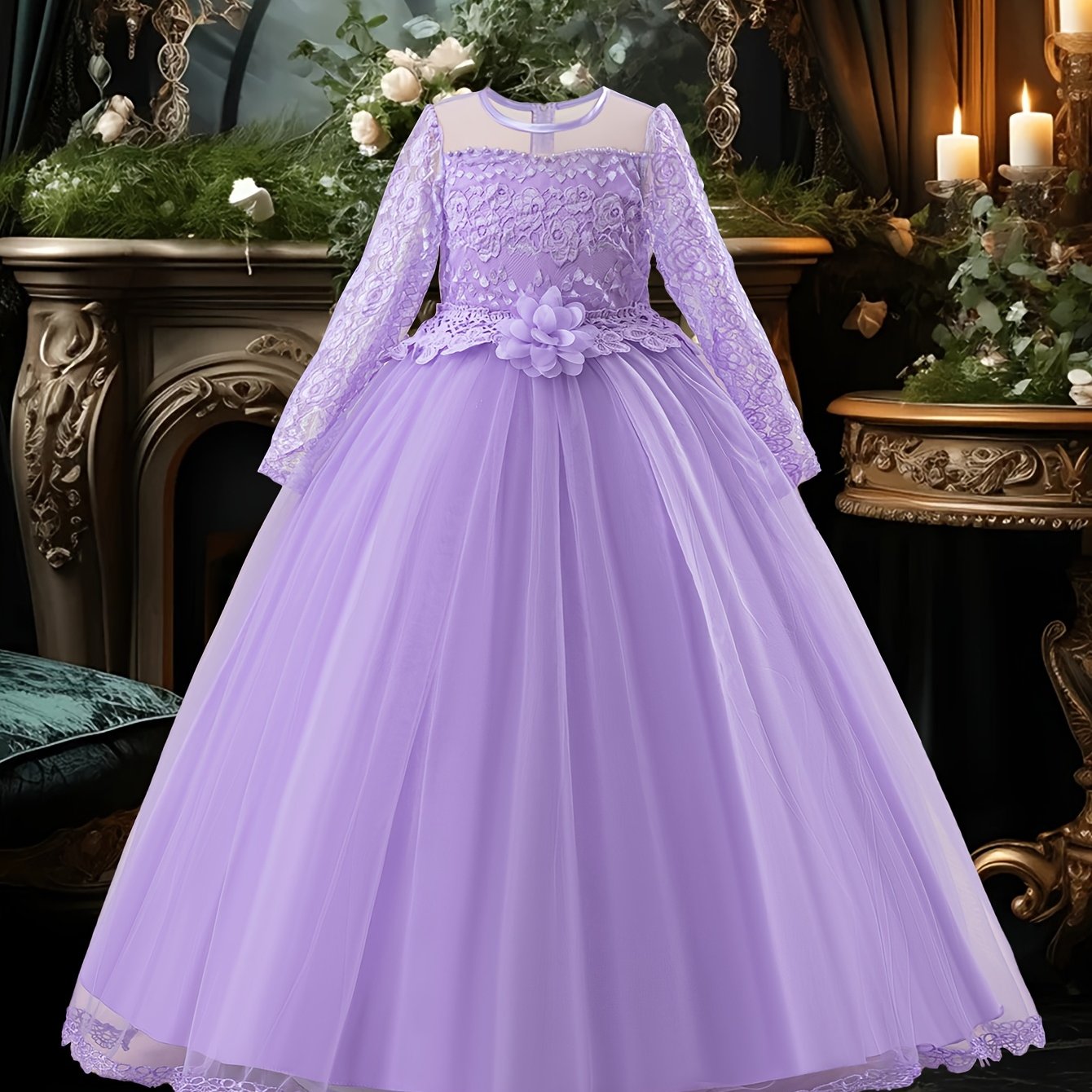 Girls' Long Sleeve Lace Dress with Pearl Embellishments and Bow Waist for Weddings and Parties