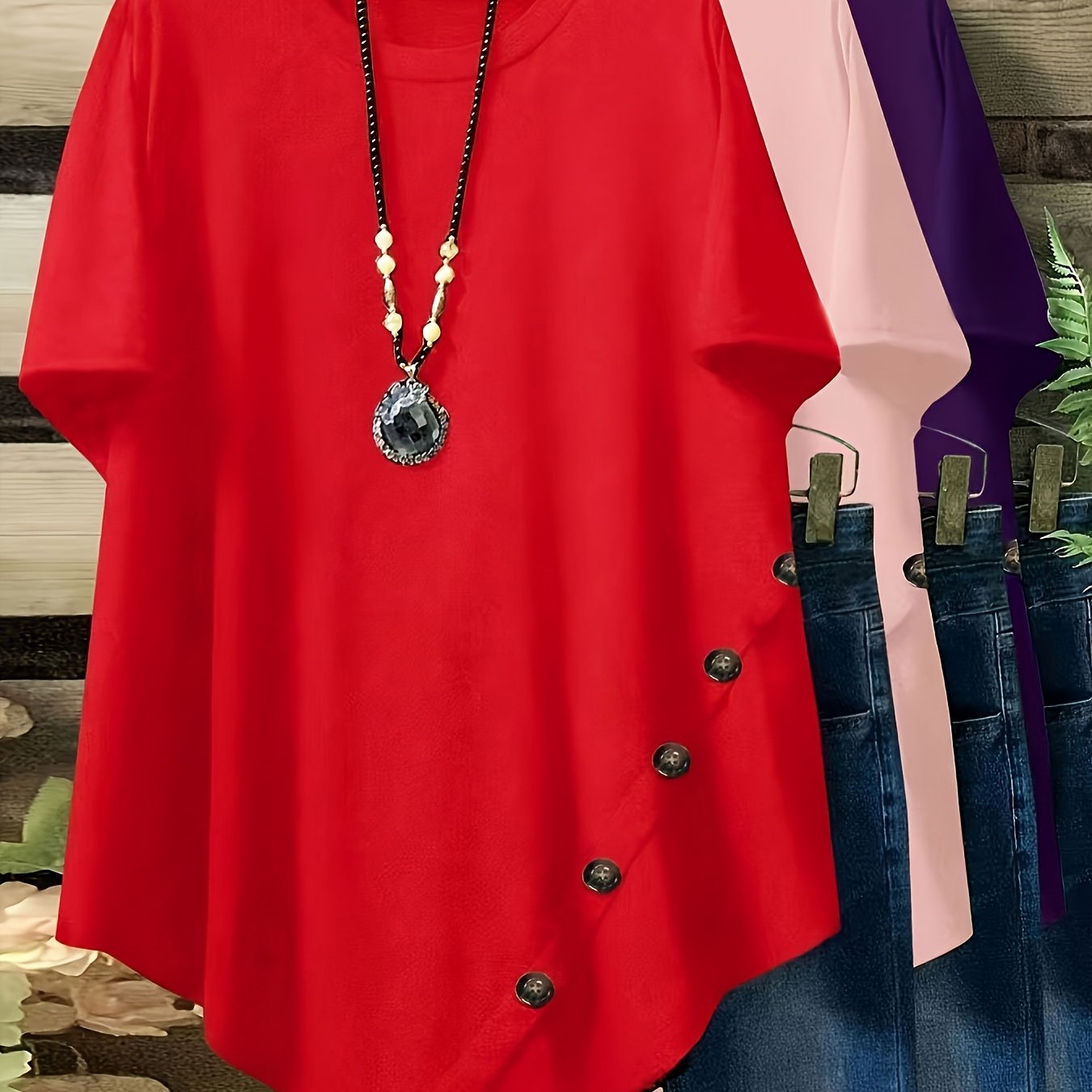 Women's Plus Size Loose Fit Short Sleeve Casual T-Shirts with Button and Asymmetrical Hem
