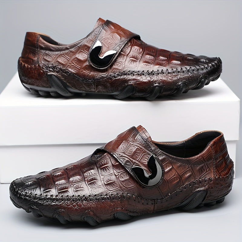 Men's Croc Effect Leather Loafer Shoes with Hook and Loop Fastener Non-slip Slip-On Casual Footwear