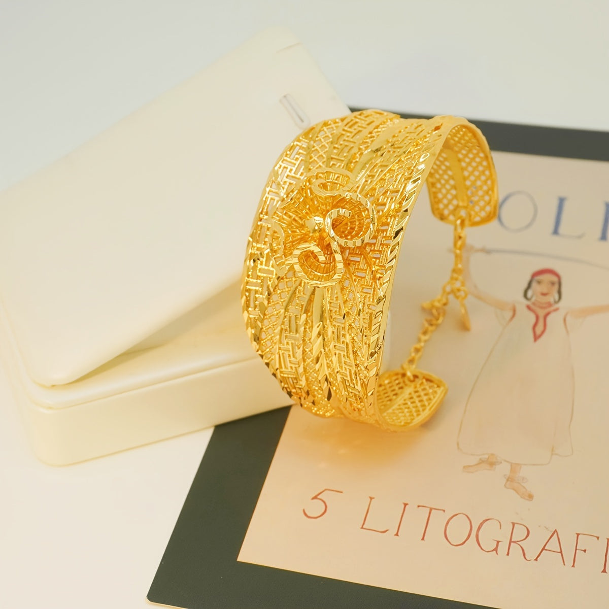 Gold Flower Pattern Wide Bracelet for Weddings and Engagements