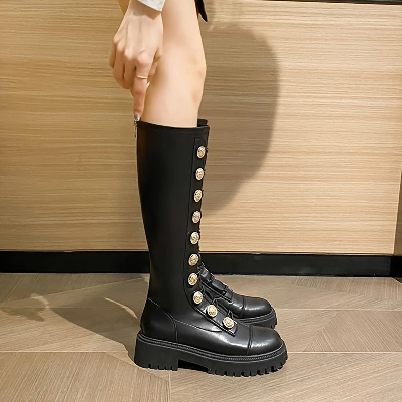 Ayollar uchun qora faux charmli dumaloq barmoqli jangovar botinkalar, lentalar bilan, barcha mavsum uchun