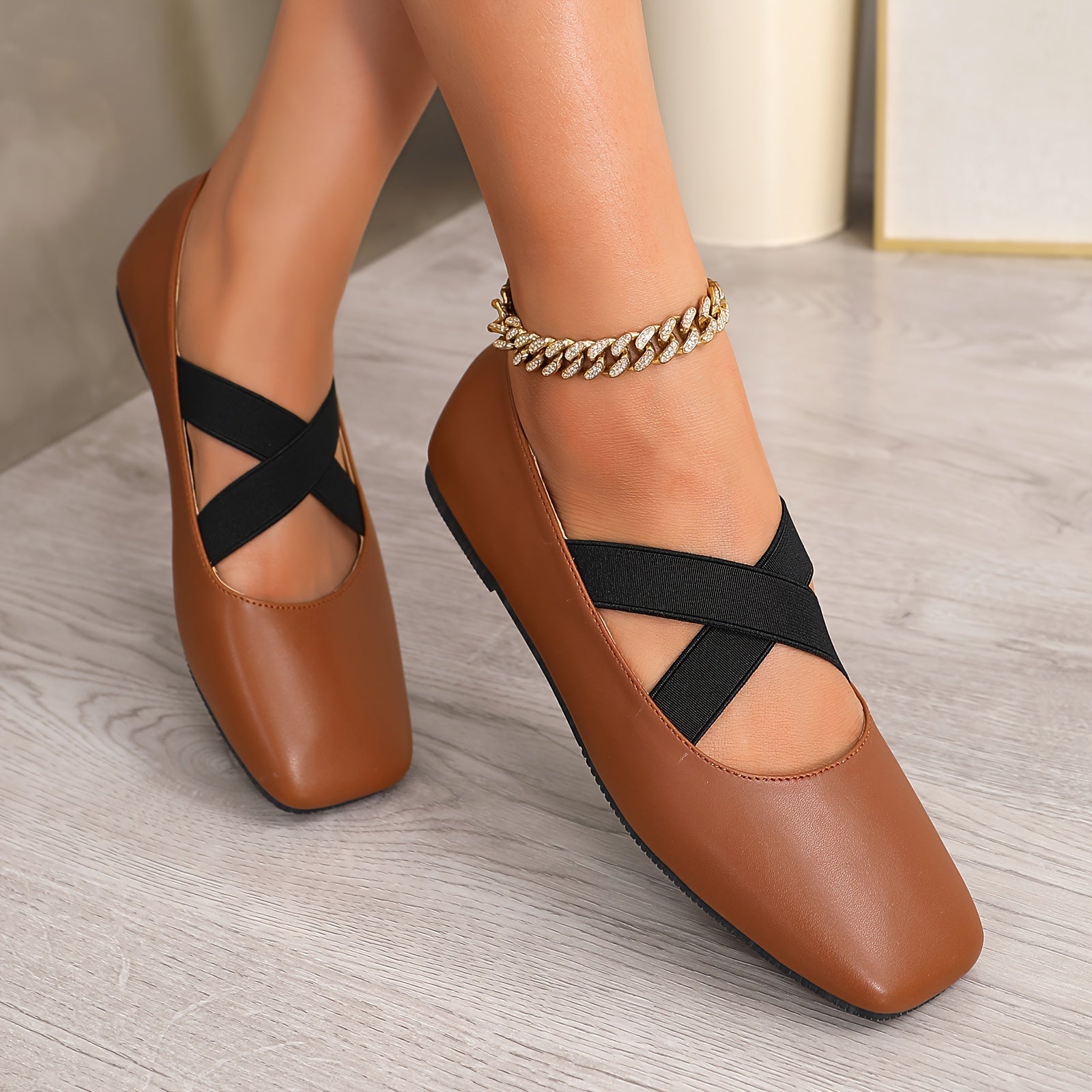 Zapatos planos de punta cuadrada para mujer, bailarinas slip-on con correas elásticas