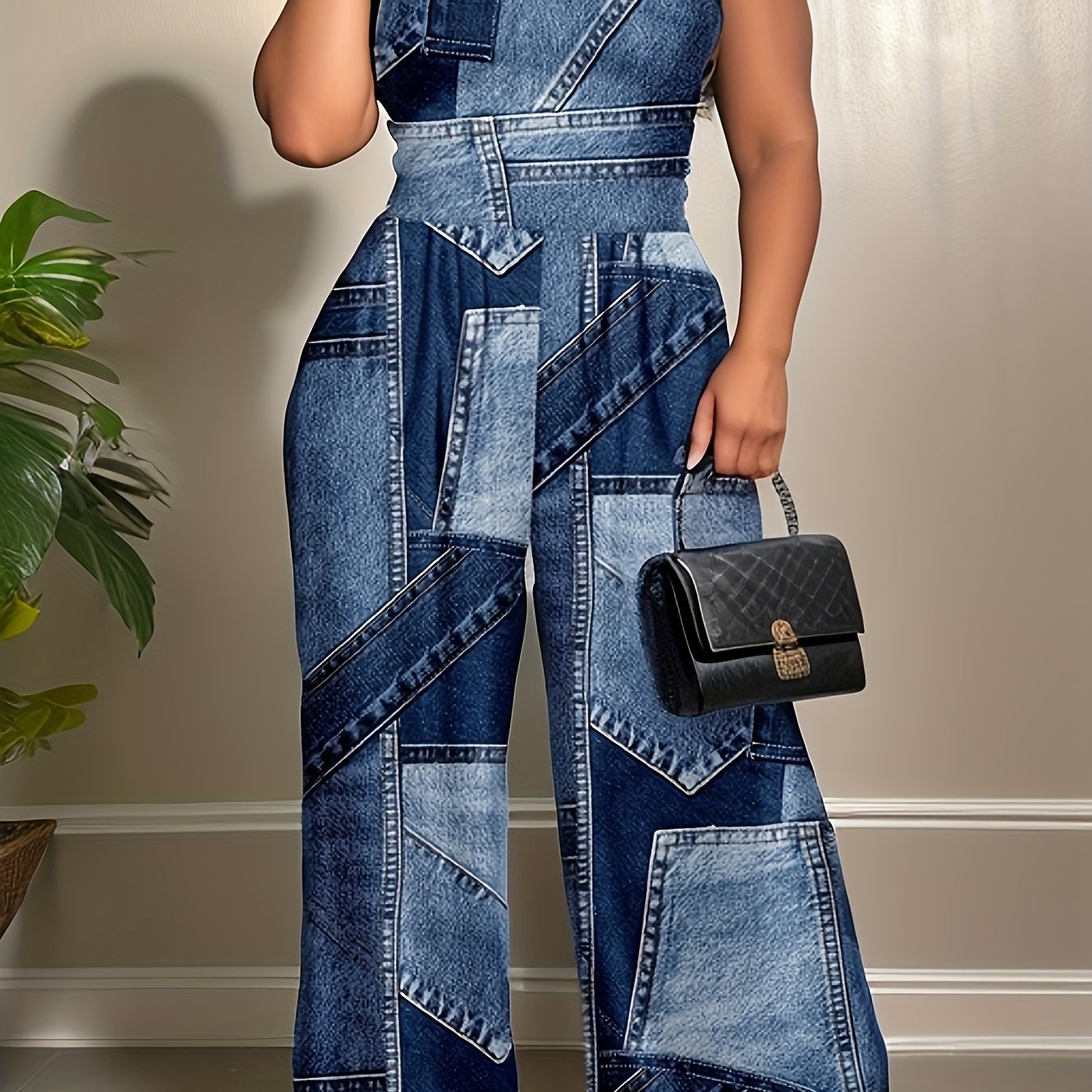 Mono sin mangas de talla grande para mujer con estampado de denim falso, estilo elegante