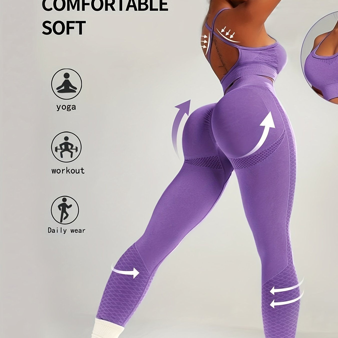 Ayollar uchun bir rangli yoga sport to'plami, yuqori bel bilan qorin nazorati va siqish moslamasi, fitness va mashg'ulotlar uchun to'qilgan nafas oladigan matodan tayyorlangan.