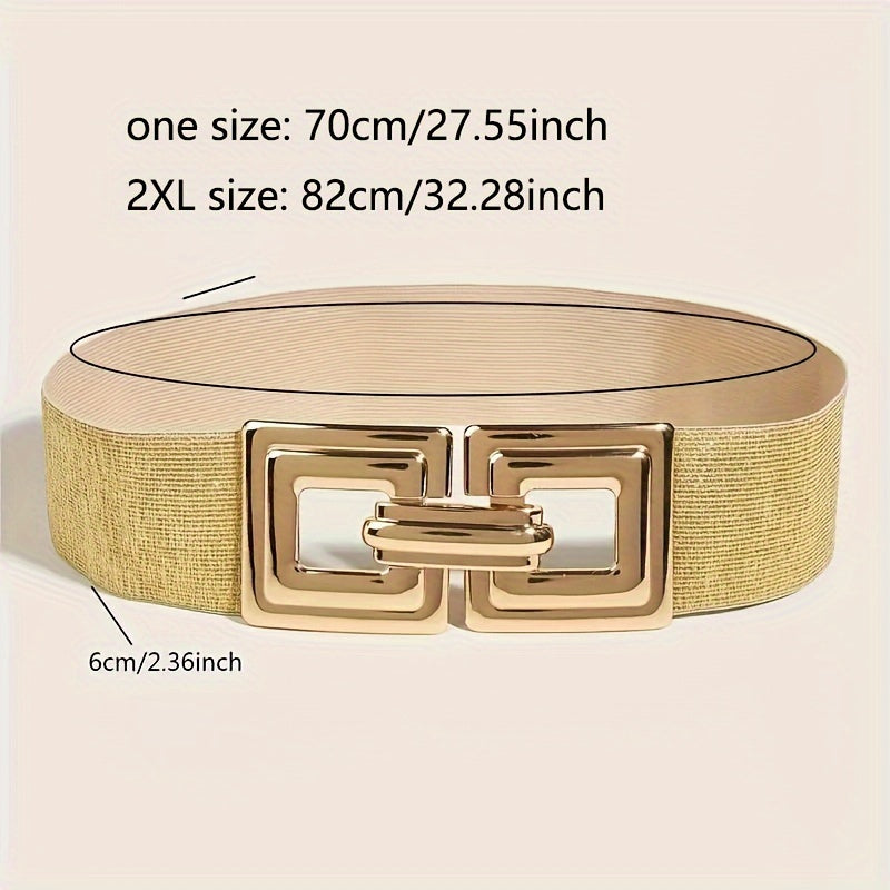 Women’s Wide Elastic Waist Belt with Hollow Square Buckle in Gold and White