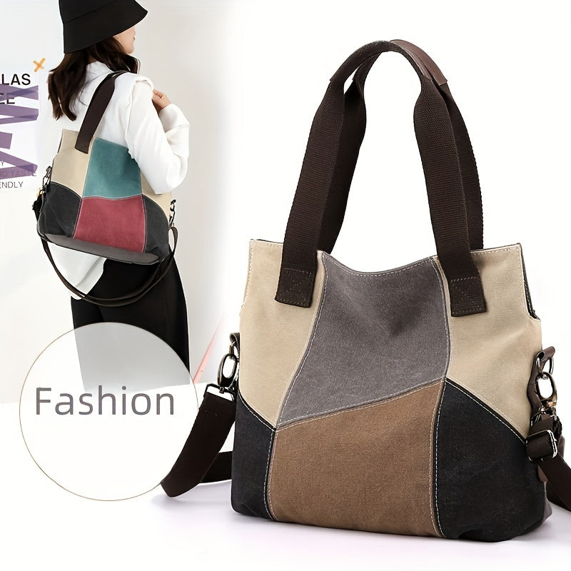 Vintage Style Shoulder Bag with Detachable Strap Color Block Patchwork Nylon