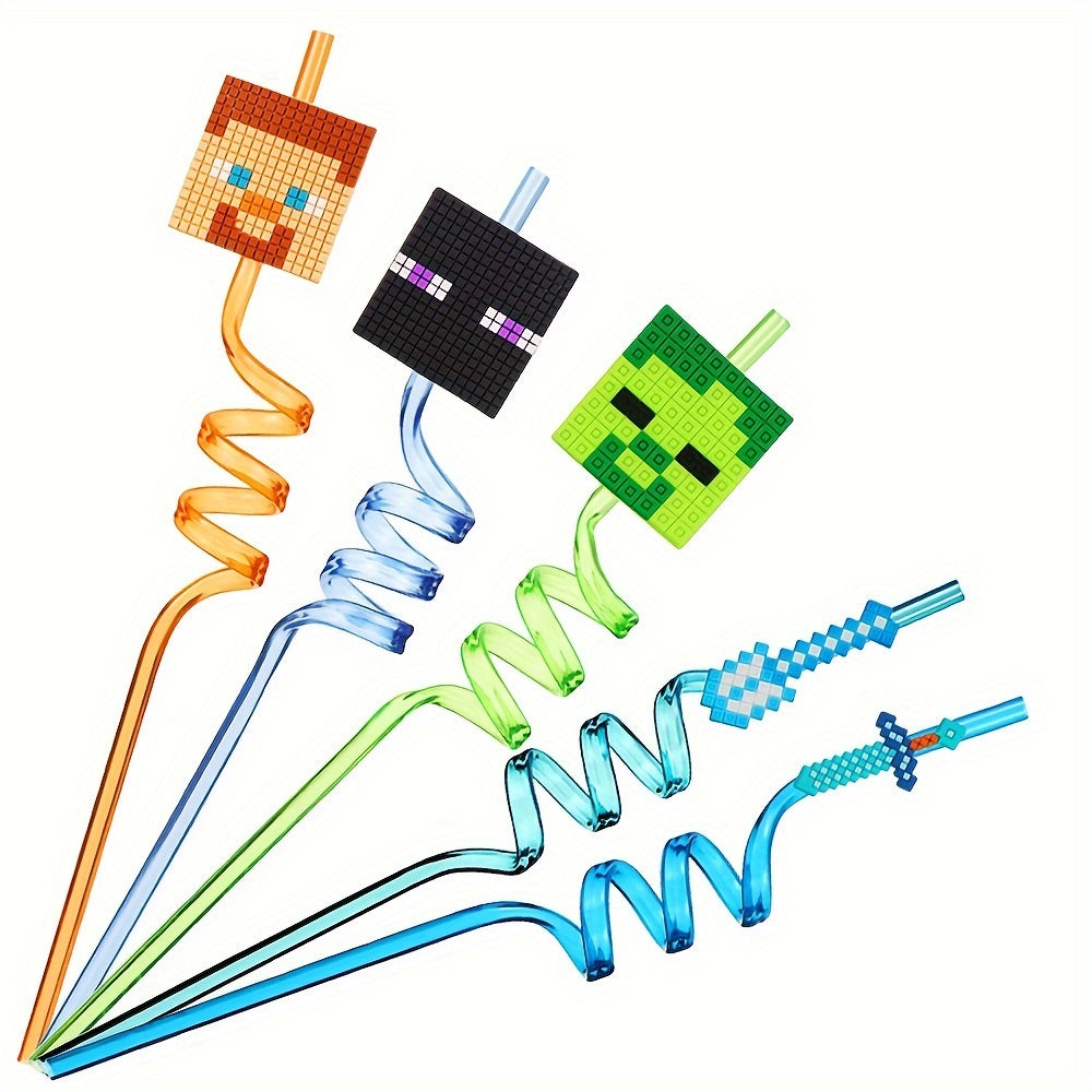 Pixelated Character Curved Drinking Straws Reusable Spiral Party Accessories