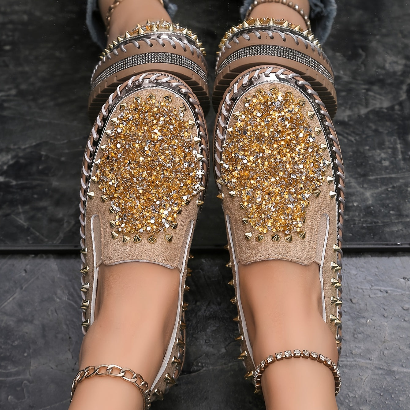 Ayollar uchun kundalik sport poyabzali, rhinestones bilan, engil slip-on loaferlar