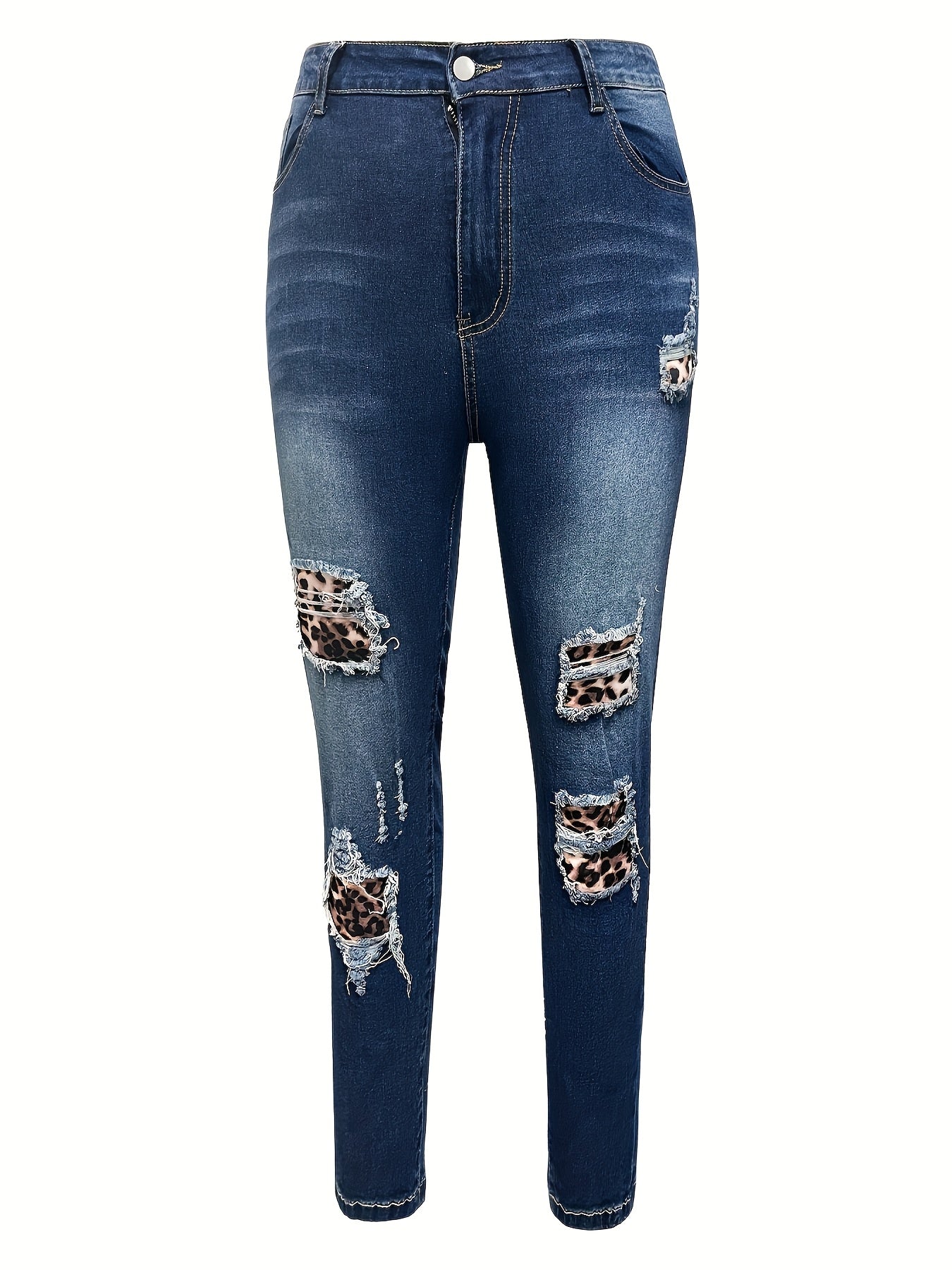 Women's Plus Size Leopard Print Patchwork Slim-Fit Jeans Stretch Denim Cuffed