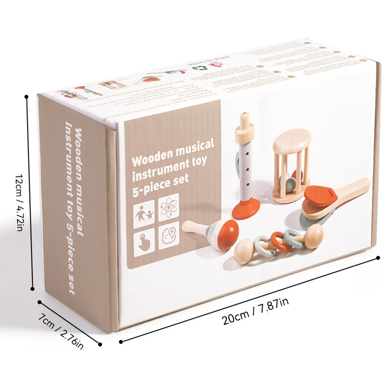 Juego de 5 instrumentos musicales de madera para niños pequeños, juguete educativo de madera natural para escuchar y habilidades motrices
