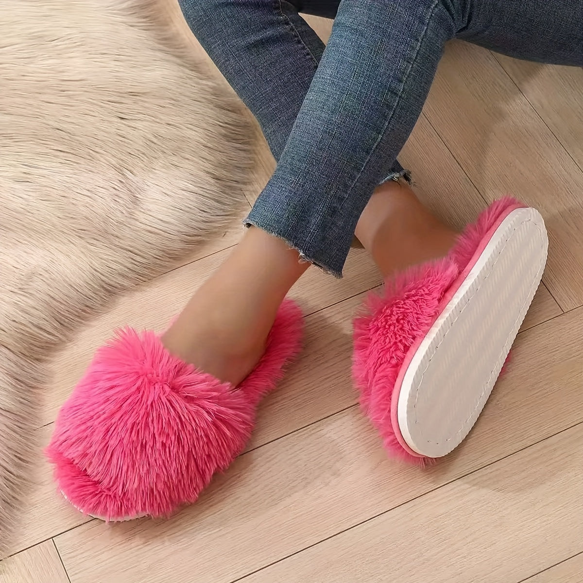 Unisex Plush Indoor Outdoor Slippers Non-Slip EVA Sole Pink White Green