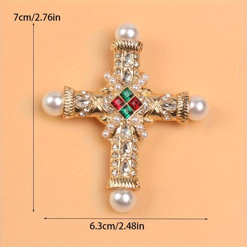 Vintage Baroque Cross Brooch Pin with Rhinestones and Pearls Religious Jewelry