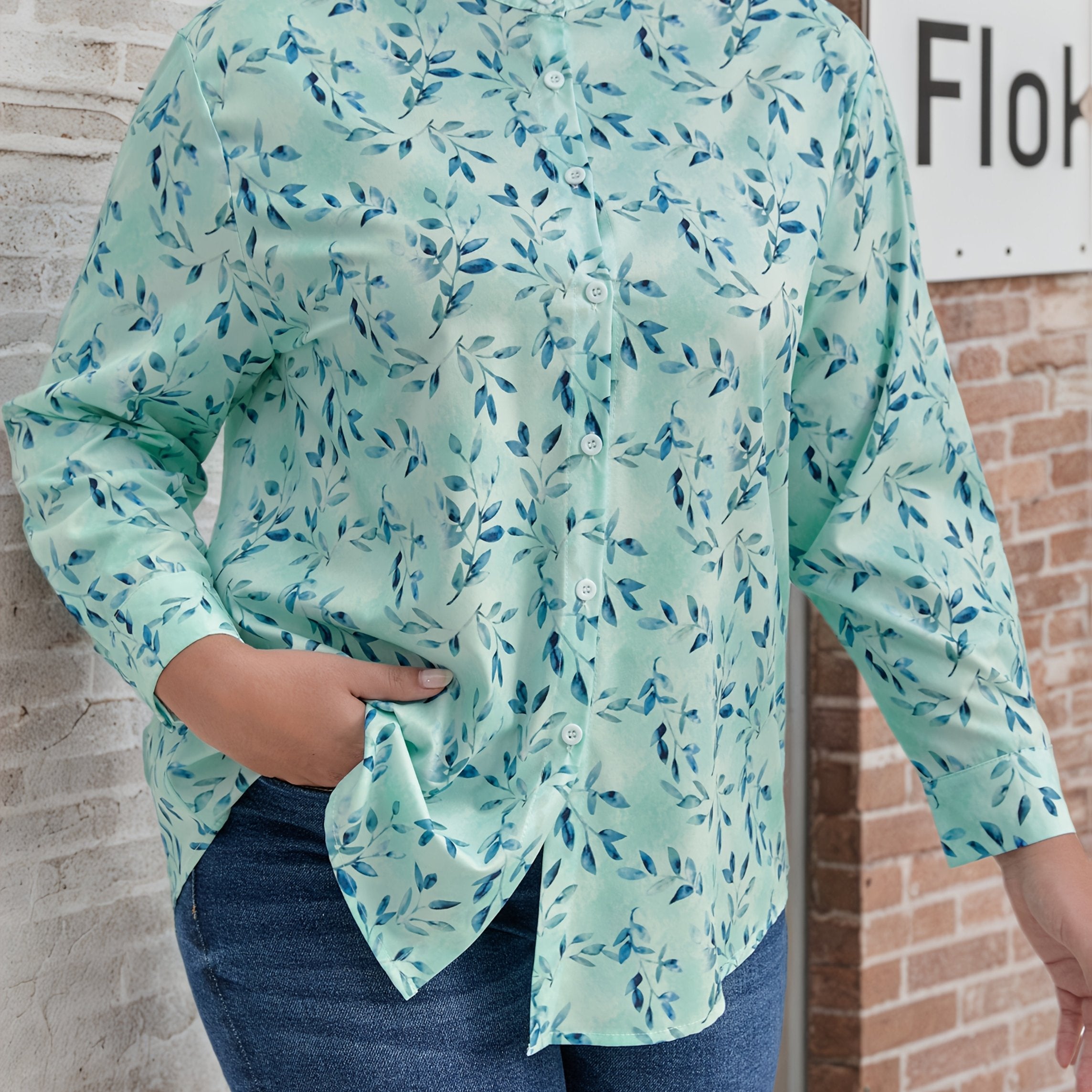 Plus o'lchamli ayollar bluzasi uzun qo'lqopli yengli polyester to'qima binafsha yashil barg bosma