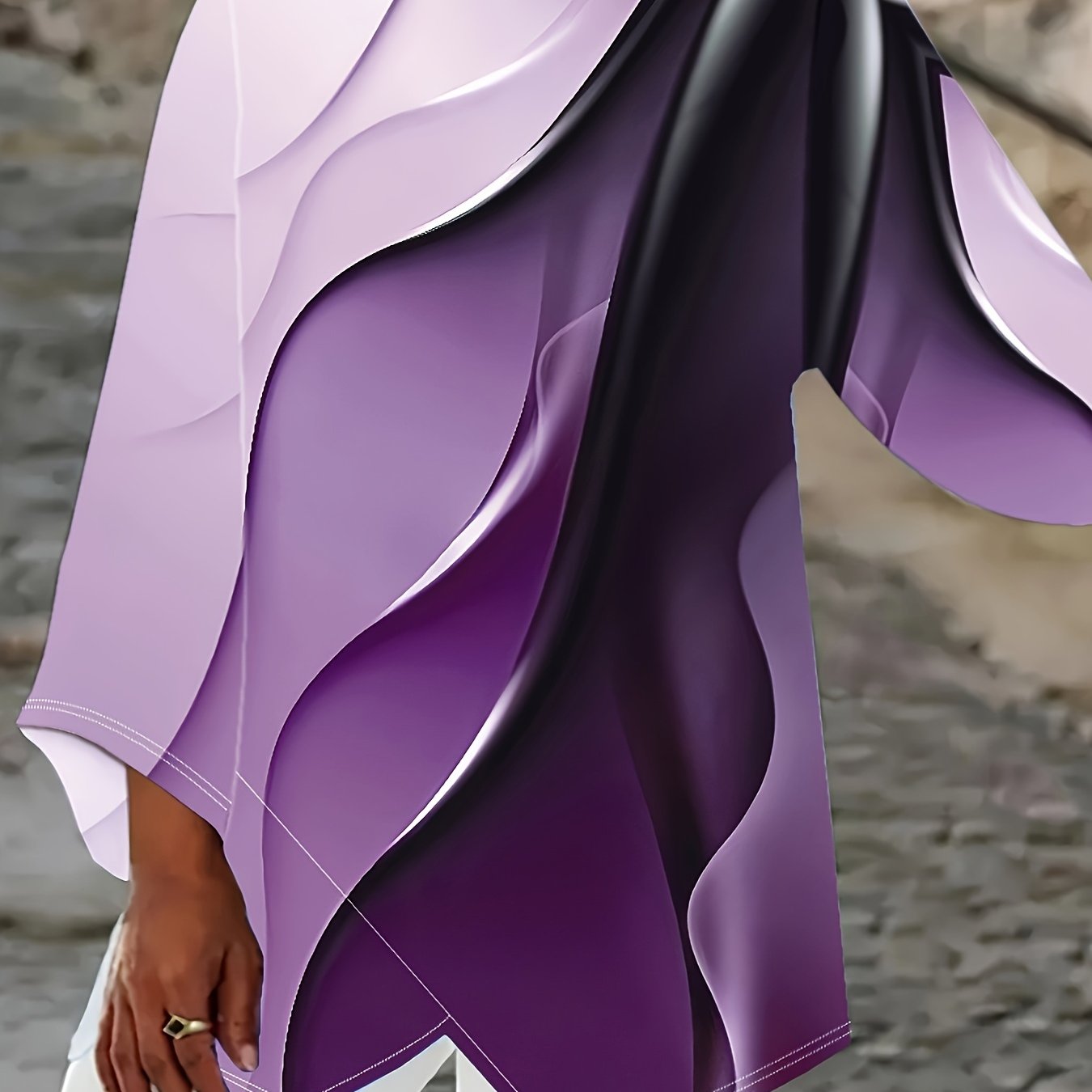 Plus Size Ombre Asymmetrical Hem T-Shirt with Crew Neck and Long Sleeves for Spring and Fall