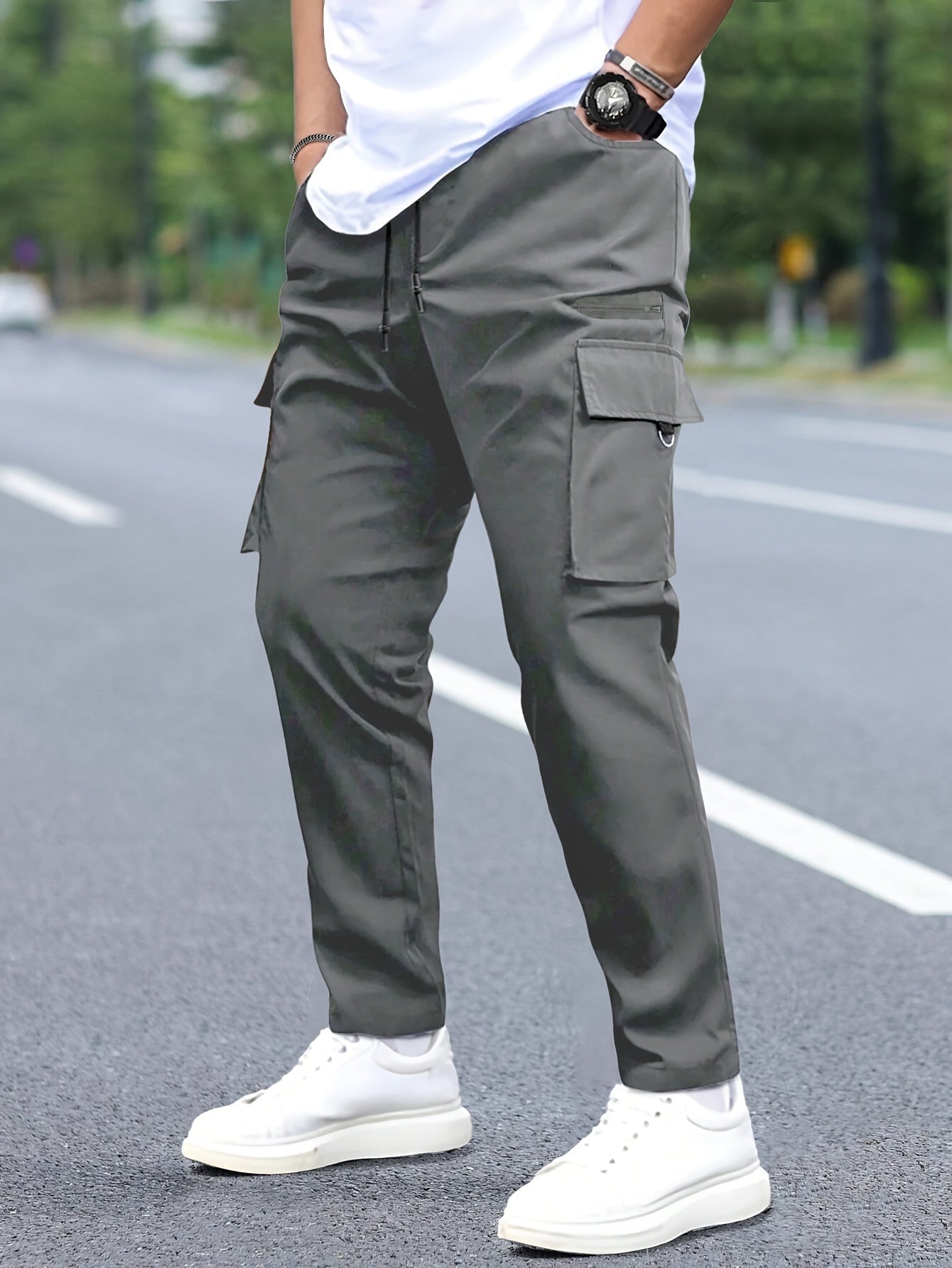 Men's Cargo Pants with Multiple Pockets Drawstring Waist Solid Polyester All-Season Street Style