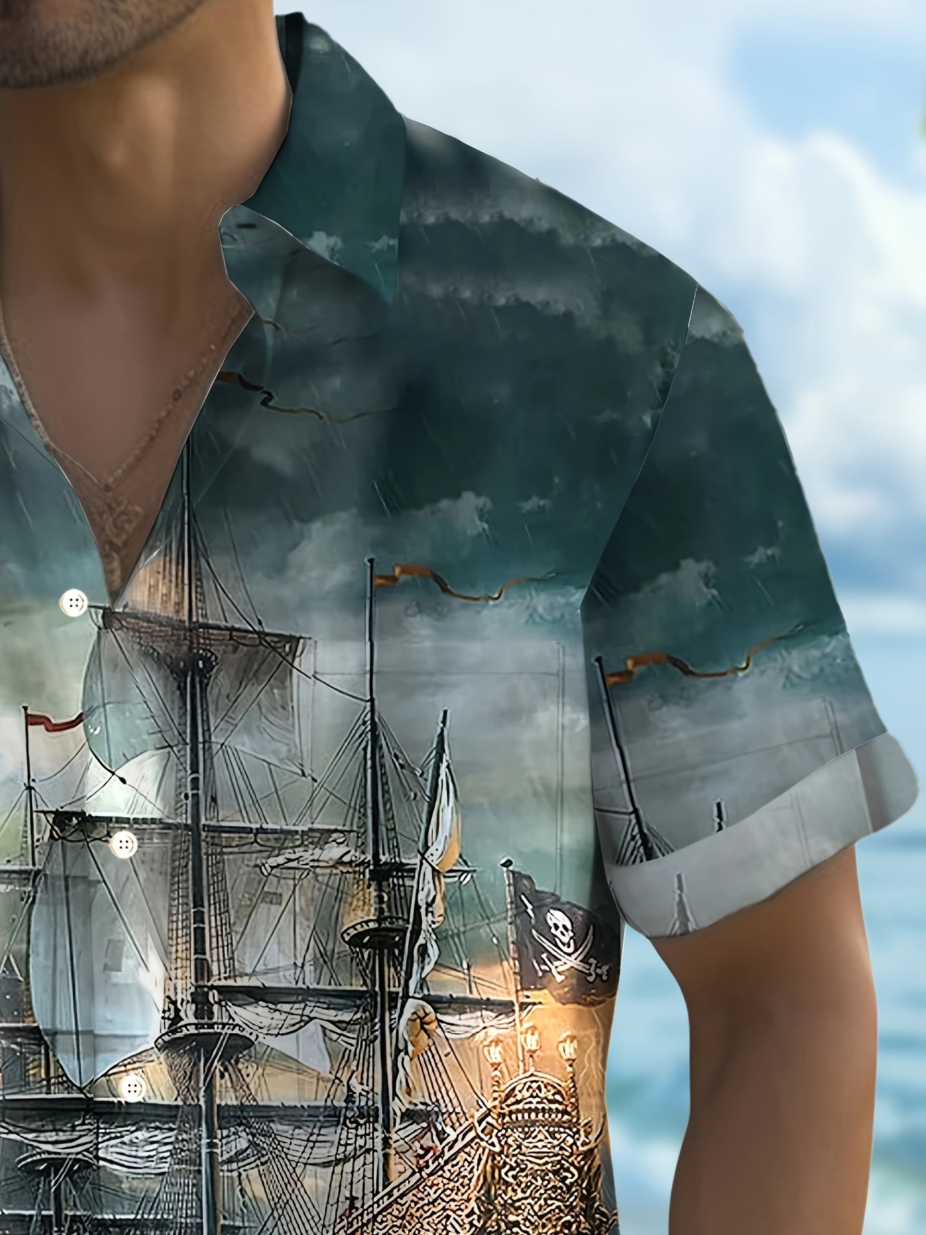 Men's Plus Size Short Sleeve Shirt with 3D Ship Print Vintage Summer Casual