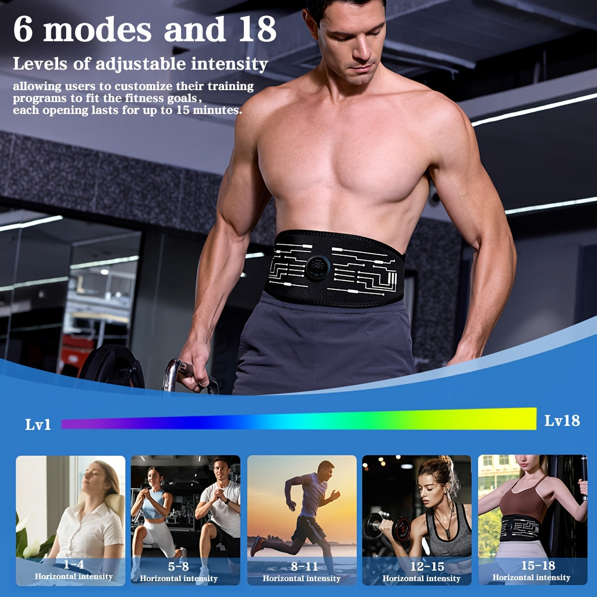 Ремень для стимуляции мышц EMS с 6 режимами, 18 уровнями интенсивности, USB-зарядка, для всего тела