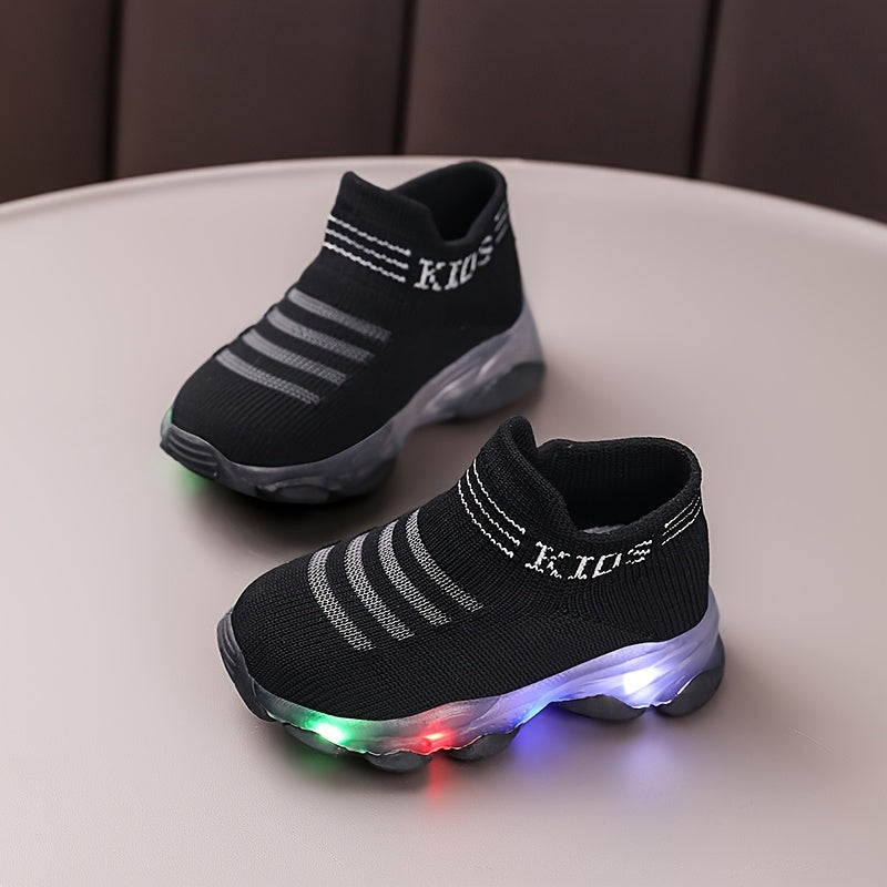 Toddler Girls LED Sneakers Brown Geometric Pattern Slip-On Non-Slip Fabric Casual Outdoor Play