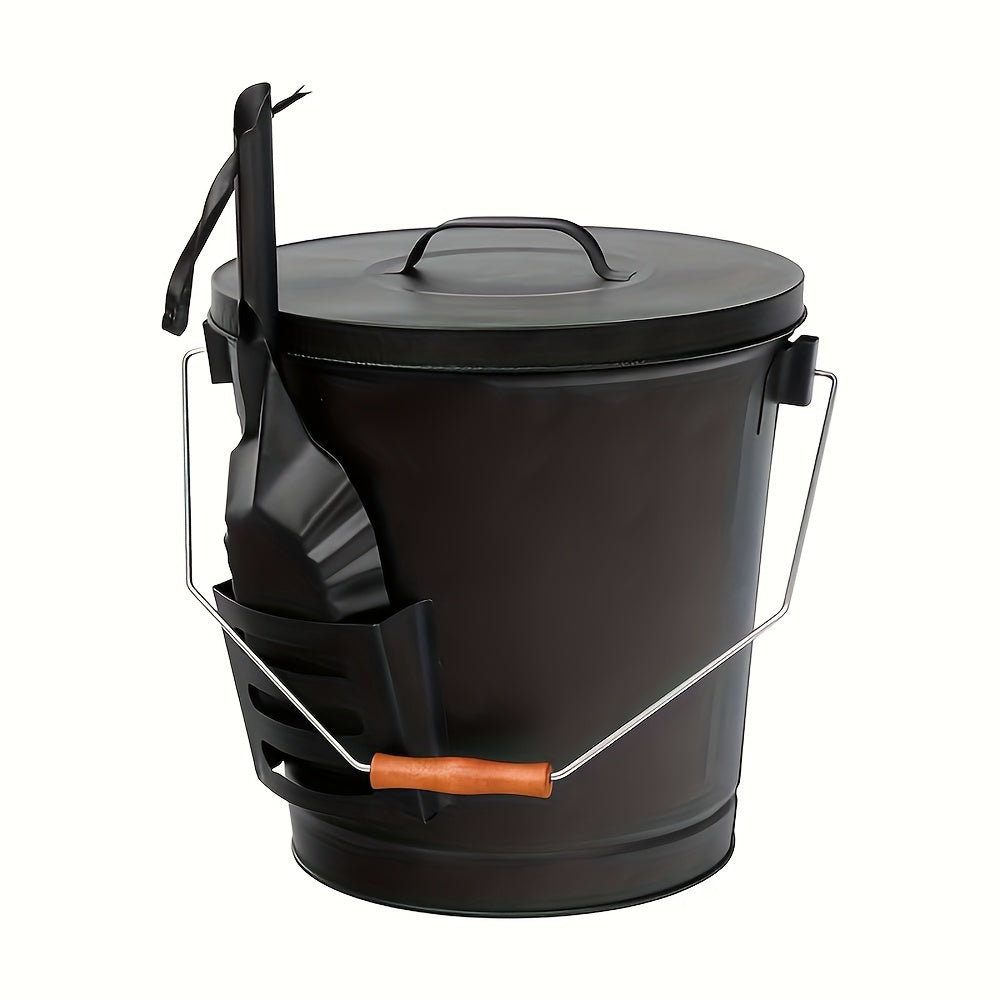 Large Metal Ash Pan with Lid and Shovel, 5.15 Gallon Capacity, Galvanized Steel, Black