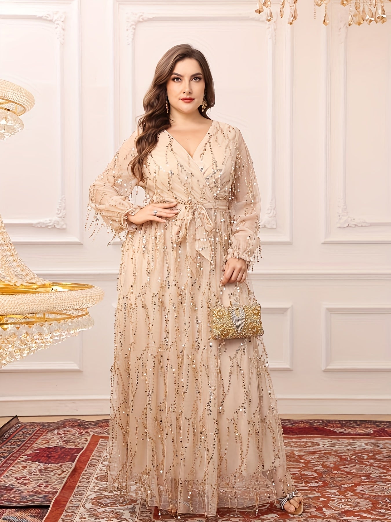 Plus Size Women's Black V-Neck Sequin Fringe Formal Gown for Prom Bridesmaids