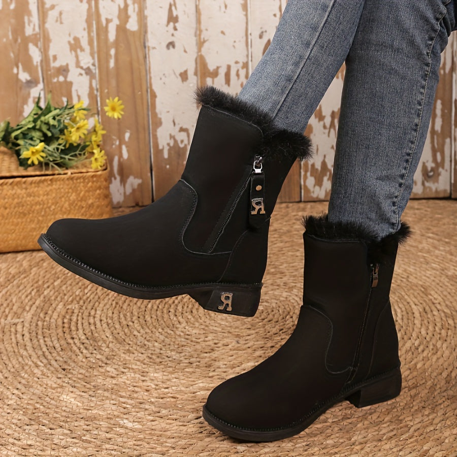 Women's Velvet Frosted Short Snow Boots Thick Heel Non-Slip Mid Calf