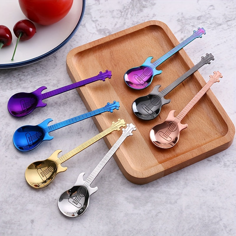 Set of 7 Colorful Stainless Steel Guitar Spoons for Coffee Ice Cream Candy
