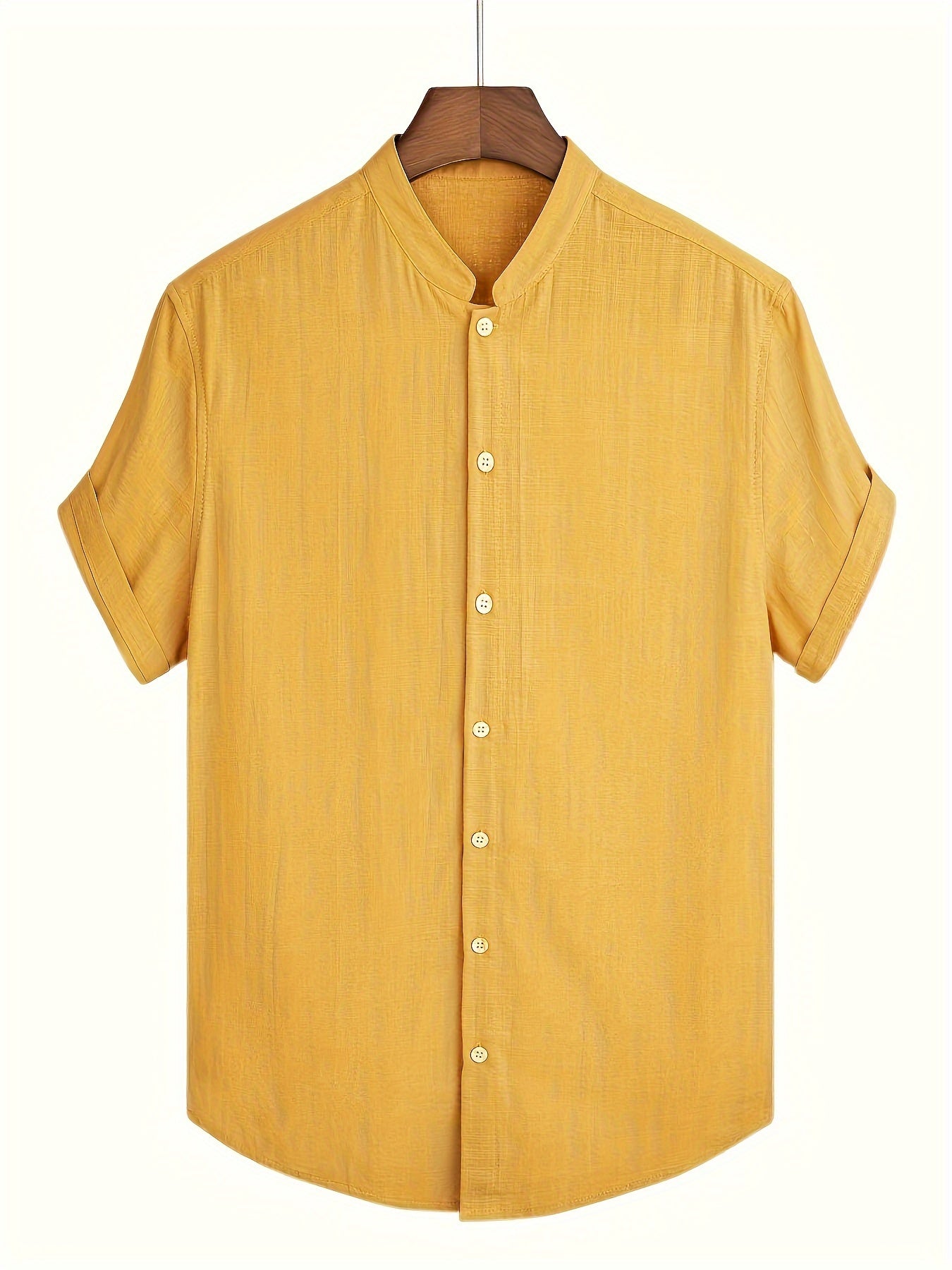 Plus Size Men's Casual Cotton Shirt Short Sleeve Mandarin Collar Solid Color Regular Fit Summer Beach