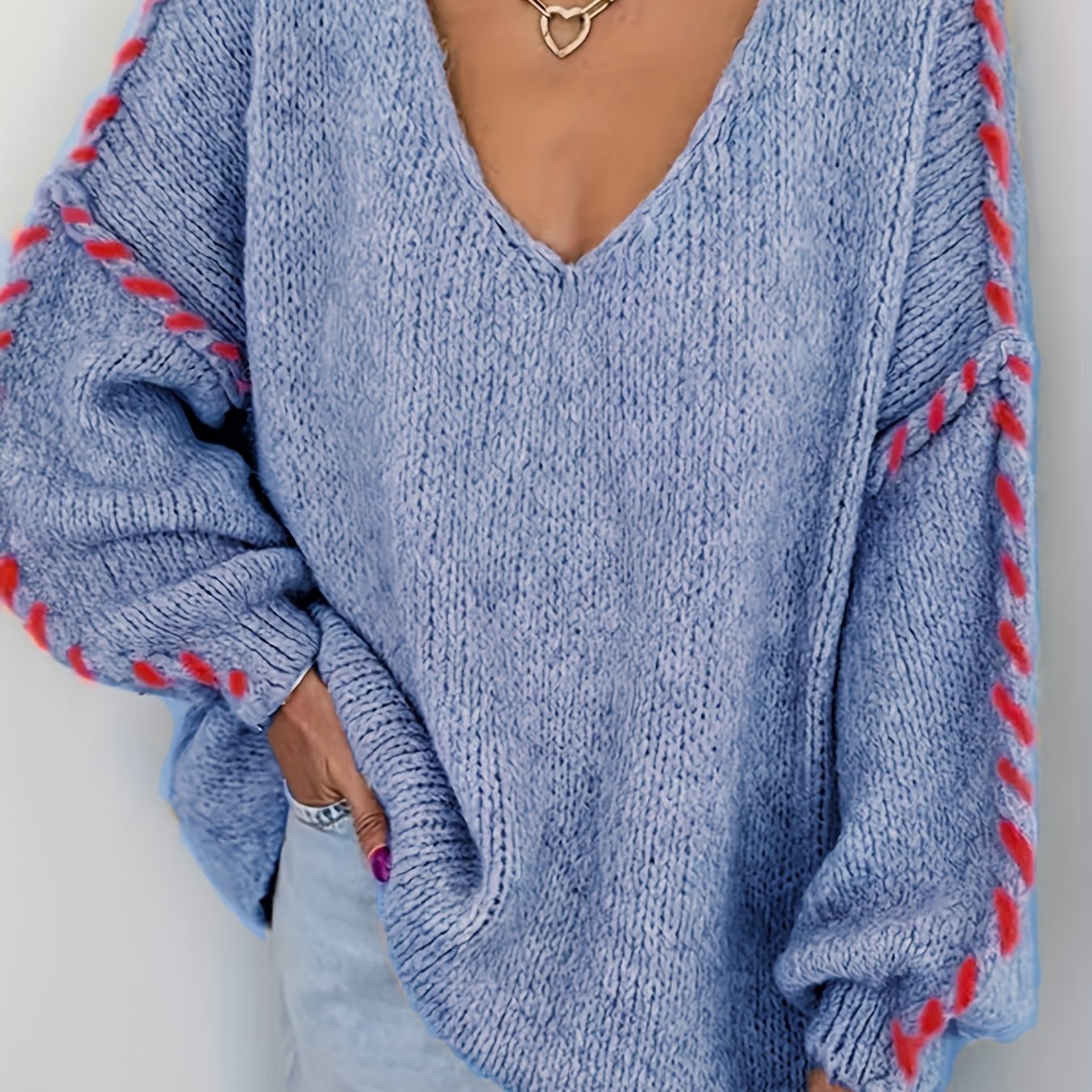 Plus Size Women V-Neck Long Sleeve Pullover Sweater Soft Blue Red Cuffs