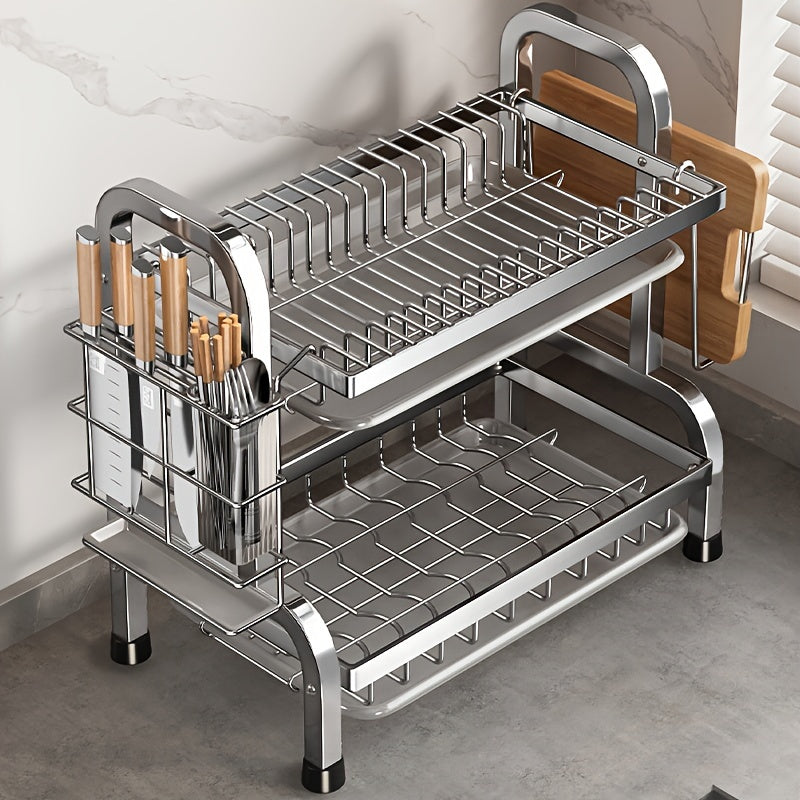 Organizador de cocina de acero inoxidable, estante para platos de 2 niveles con sistema de drenaje