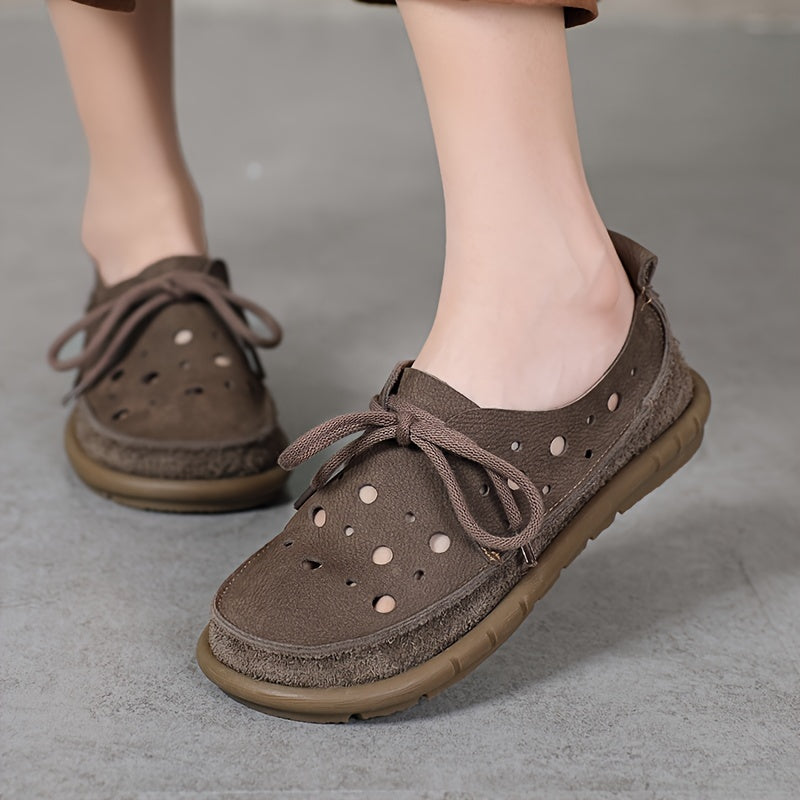 Women's Leather Loafers with Perforated Design and Rubber Sole Brown Summer Casual Shoes